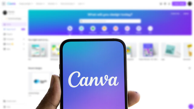 Dhaka, Bangladesh- 17 Aug 2024: Canva logo is displayed on smartphone. Canva is a versatile platform for creating visuals for various purposes.