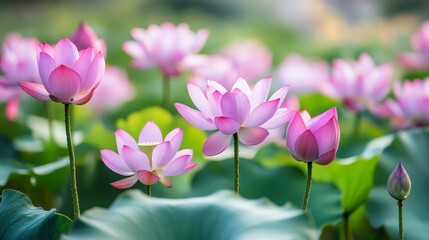 A serene image of pink lotus flowers blooming in a pond, symbolizing purity, enlightenment, beauty, rebirth, and tranquility.