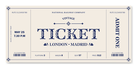 Vintage style ticket template for any event on light background. For excursion routes, retro parties, clubs and other projects. Just add your text. Vector, printable.