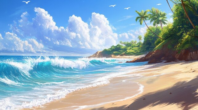 A serene beach with white sand, crystal clear blue water, rolling waves, lush green palm trees, and a bright blue sky with fluffy white clouds. It represents peace, relaxation, nature, escape, and par