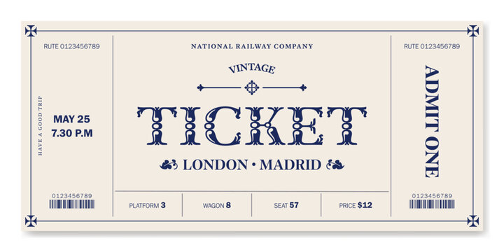 Vintage style ticket template for any event on light background. For excursion routes, retro parties, clubs and other projects. Just add your text. Vector, printable.