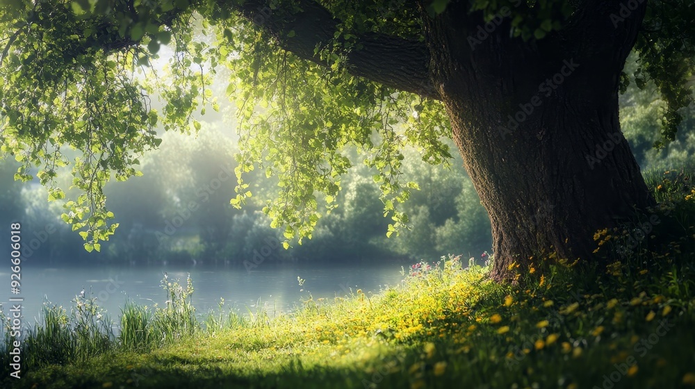 Poster a serene lakeside scene with a majestic tree casting a shadow over the tranquil water, sunlight filt