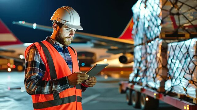 Against the backdrop of the cargo airport, a proficient logistician in a vest and white construction helmet stands near a cargo pallet being loaded into a plane