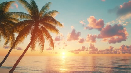 Fototapeta premium A serene sunset scene with palm trees silhouetted against the horizon, showcasing the beauty of nature, peaceful ambiance, and the allure of tropical destinations.