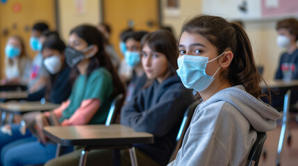 Group of Students Wearing Face Masks in Classroom During Lesson