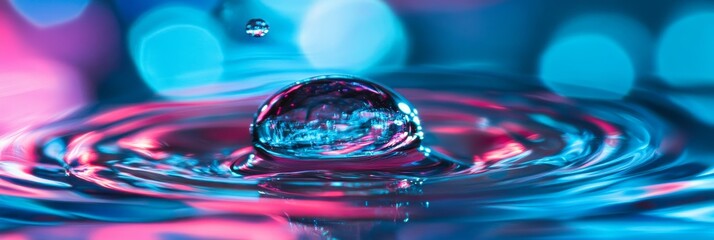 A single water drop creates ripples in blue water, with a colorful bokeh background symbolizing energy, fluidity, reflection, and the beauty of nature's simplicity.