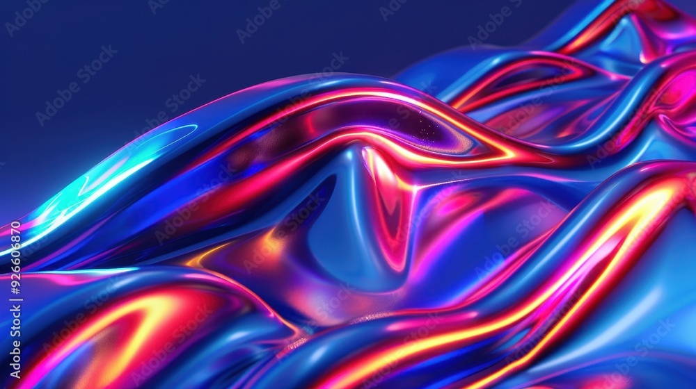 Poster abstract metallic waves in vibrant neon colors creating a futuristic and dynamic visual experience.
