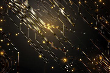 Fototapeta premium A modern abstract design featuring gold lines and dots representing network science and technology on a high-tech dark background. Ideal for templates, web design, and presentations