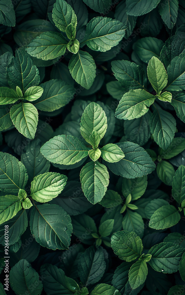Poster a close up of green leaves with a mood of serenity and calmness. the leaves are arranged in a way th