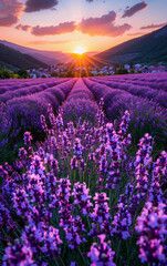 A field of purple flowers with a sun in the background. The sun is shining brightly on the flowers, creating a warm and peaceful atmosphere