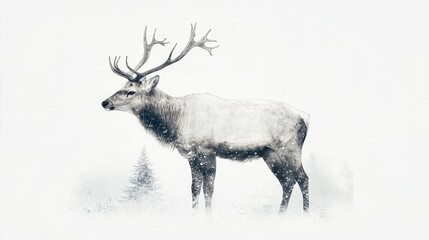 A solitary elk stands gracefully in a snowy landscape, its antlers reaching towards the sky, symbolizing strength, resilience, nature, winter, and tranquility.