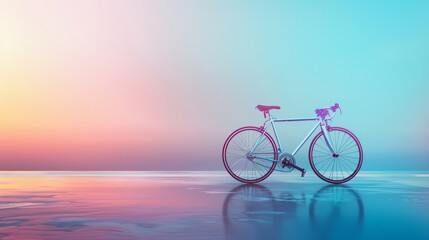 Fototapeta premium A solitary bicycle stands on a reflective surface, facing a breathtaking sunset, symbolizing freedom, journey, adventure, and the beauty of nature.