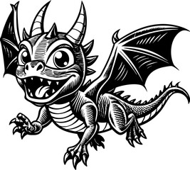 cute little dragon illustration, cartoon little dragon vector , funny little dragon black and white
