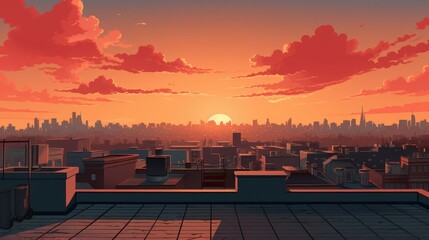 Fototapeta premium Rooftop background with sunset, flat design, top view, urban theme, cartoon drawing, vivid