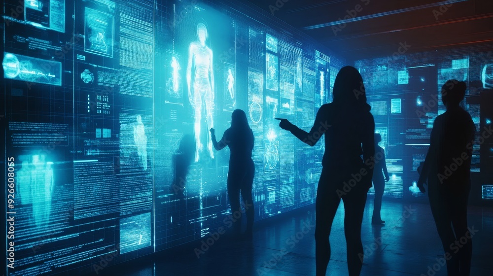 Poster a team of individuals in a futuristic setting, interacting with holographic data projections, symbol