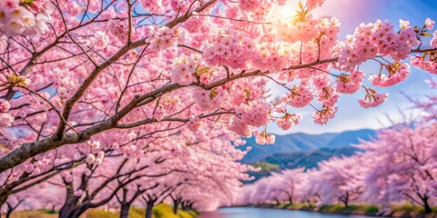 Beautiful cherry blossom Sakura tree in full bloom during spring season, Japan, pink, flowers, petals, nature, blooming
