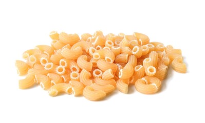 Macaroni pasta close up on white background.