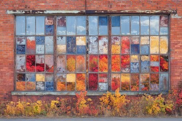 Weathered industrial windows reflect vibrant fall foliage, creating a stunning mosaic of decay and natural beauty.