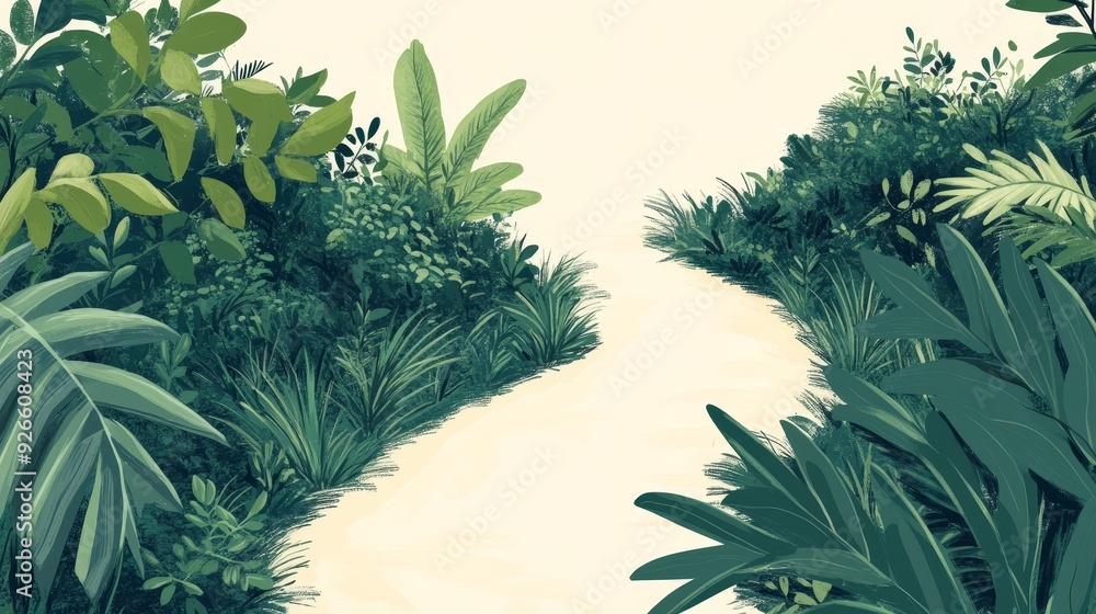 Poster a tranquil scene with a winding path through a lush, green forest. the path symbolizes adventure, ex
