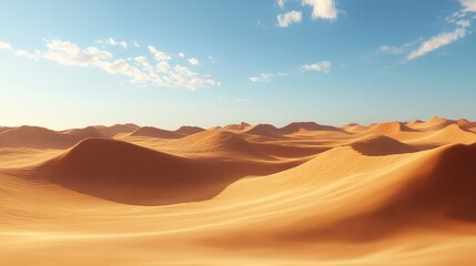 Fototapeta premium A vast, sweeping desert landscape with rolling sand dunes under a clear blue sky with fluffy white clouds. The scene evokes feelings of adventure, isolation, and the beauty of nature's raw elements.