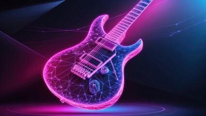 A glowing neon electric guitar digital art piece with pink and blue hues, showcasing a modern and futuristic design.