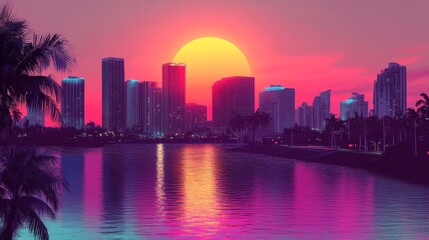 Obraz premium A vibrant sunset over a city skyline with palm trees and a reflecting lake, symbolizing urban life, tropical paradise, nature's beauty, golden hour, and tranquility.