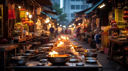 A long table adorned with various pots and pans.