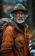 Obraz premium A man wearing glasses and a hat is smiling and standing in a forest. He is wearing a brown jacket and a backpack