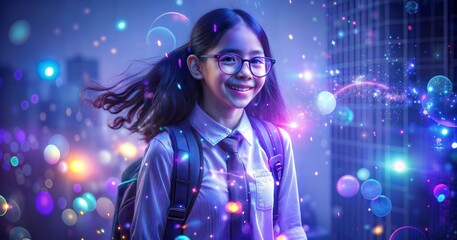 Bright future in education symbolized by smiling student amid twinkling lights and cityscapes