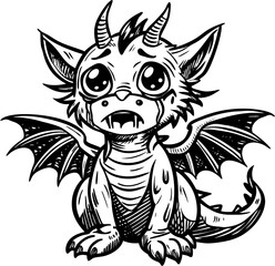 cute little dragon illustration, cartoon little dragon vector , funny little dragon black and white