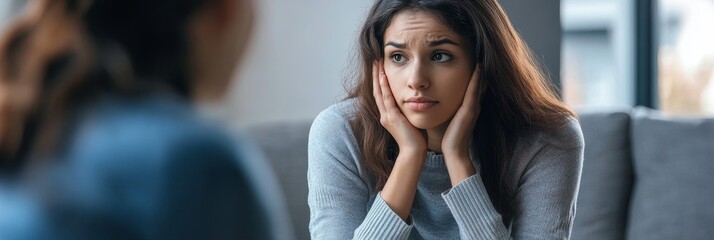 A woman sits in a therapy session, looking distressed and seeking guidance, symbolizing vulnerability, mental health, emotional support, therapy, and healing.