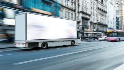 A billboard truck drives down a city street.