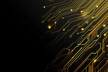 A modern abstract design featuring gold lines and dots representing network science and technology on a high-tech dark background. Ideal for templates, web design, and presentations