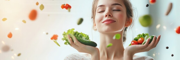 A woman with a serene expression, surrounded by fresh vegetables, symbolizing a healthy diet, vibrant energy, and a fulfilling lifestyle.