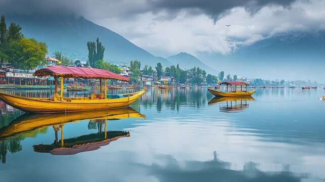 The tranquil Dal Lake in Srinagar, with traditional shikaras (wooden boats) gliding on the water, surrounded by mountains.