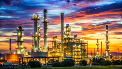Obraz premium Oil refinery plant illuminated by twilight sky , oil refinery, industrial, petrochemical, plant, factory