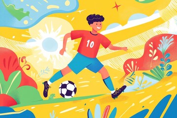 A young boy with a joyful expression plays soccer on a colorful field, surrounded by vibrant flowers and a bright sun, symbolizing passion, happiness, youth, nature, and sportsmanship.