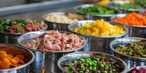 A vibrant display of fresh ingredients in bowls, showcasing an array of colorful vegetables and meats ready for culinary creations.