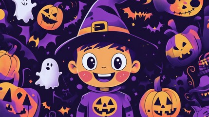 Fototapeta premium A young child dressed as a witch with a wide smile is surrounded by spooky Halloween elements, including pumpkins, ghosts, and bats.