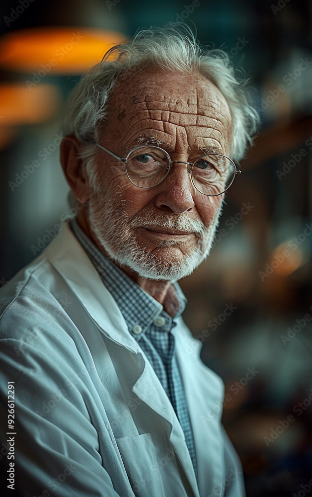Poster a man in a white lab coat with glasses is standing in front of a light. he is looking at the camera 