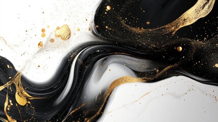 Abstract art featuring black and white swirls with gold glitter, symbolizing elegance, luxury, contrast, motion, and dynamism.