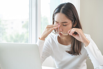 Eye problem concept, fatigue asian young woman tired eyes, irritated rubbing eye dry relief vision...