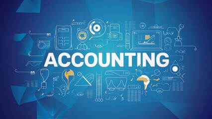 Obraz premium Accounting illustration. The background is a gradient blue with modern office equipment. The focus is on the word ACCOUNTING.