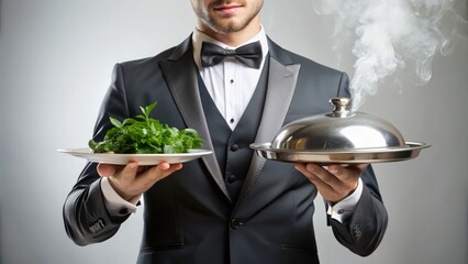 A elegant waiter holds a silver tray with a steaming dish, garnished with fresh herbs, against a clean white background with subtle kitchen utensils.