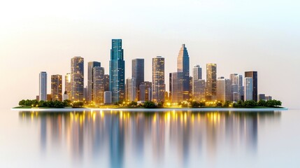 Obraz premium Stunning city skyline reflecting off water at sunset, showcasing modern architecture and vibrant urban life.