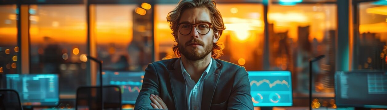 Confident businessman looking at camera in front of office window with sunset view.