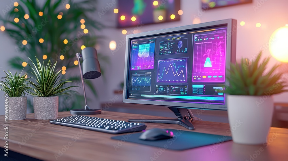 Poster a modern workspace featuring a computer with colorful graphs, plants, and ambient lighting for a vib