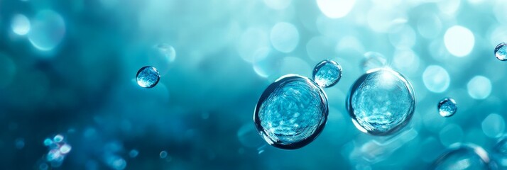 Abstract water bubbles floating in a blue liquid, symbolizing purity, freshness, fluidity, and life.