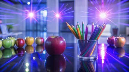 Inspiring educational still life with apples, pencils, and mystical lighting in modern classroom setting