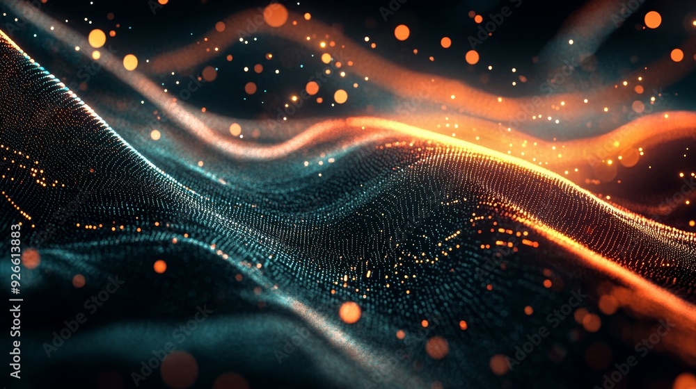 Poster an abstract digital wave with glowing particles, symbolizing technology, innovation, data flow, digi